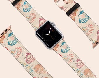 Vintage Seashell Pastel Design Watch Band, Fits Apple Watch, 41mm 40mm 38mm 42mm 44mm,Vegan Leather Strap, Smartwatch Band Rose Gold, Gift