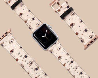 Apple Watch Armband, 40 mm, 38 mm, 42 mm, 44 mm, veganes Lederarmband, „Himmlische Augen“-Armband, iWatch, Armband in Roségold