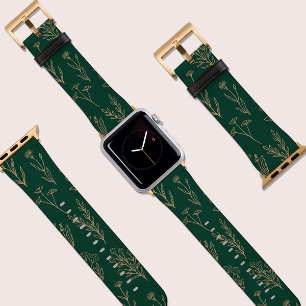 Wildflowers Green Gold Floral Watch Band, For Apple Watch, 41mm 40mm 38mm 42mm 44mm, Vegan Leather Smartwatch Band, Watch Band Rose Gold