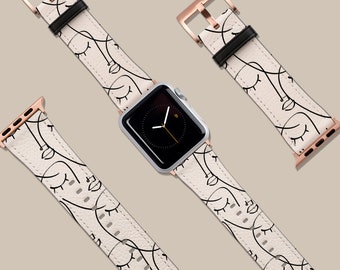 Abstract Face Line Art Female Watch Band, Fits Apple Watch, 41mm 40mm 38mm 42mm 44mm,Vegan Leather Strap, Smartwatch Band Rose Gold, Gift