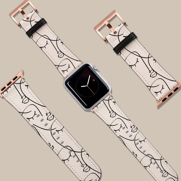 Abstraktes Gesicht Linie Kunst weibliches Uhrenarmband, passend für Apple Watch, 41mm 40mm 38mm 42mm 44mm, Vegan Lederarmband, Smartwatch Band Rose Gold, Geschenk