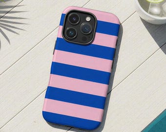 Preppy Pink & Cobalt Blue Striped Phone Case for iPhone 17, S26 S25, Google Pixel