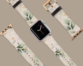 Floral Green Gold Abstract Watch Band, Fits Apple Watch, 41mm 40mm 38mm 42mm 44mm,Vegan Leather Strap, Smartwatch Band Rose Gold, Gift