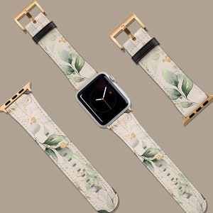 Floral Green Gold Abstract Watch Band, Fits Apple Watch, 41mm 40mm 38mm 42mm 44mm,Vegan Leather Strap, Smartwatch Band Rose Gold, Gift