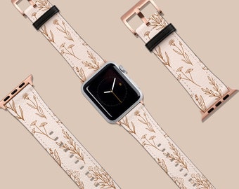 Apple Watch-bandje, 40 mm 38 mm 42 mm 44 mm, veganistische leren horlogeband, Wildflowers beige boho bloemen horlogeband, iWatch, horlogeband roségoud
