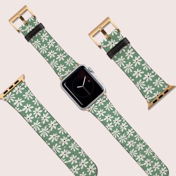 Floral Green Daisies Flowers Watch Band, For Apple Watch, 41mm 40mm 38mm 42mm 44mm, Vegan Leather Smartwatch Band,Watch Band Rose Gold, Gift