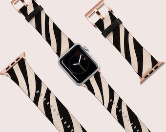 Bracelet Apple Watch, bracelet de montre en cuir végétalien, bracelet de montre imprimé animal zèbre noir, iWatch, bracelet de montre or rose