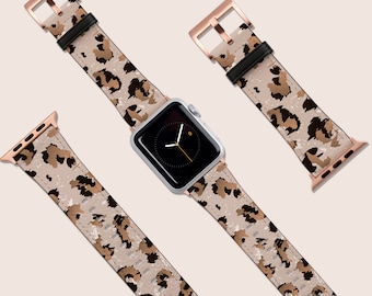 Uhrenarmband Leopard Tier Muster Beige Beige, passend für Apple Watch 41mm 40mm 38mm 42mm 44mm, Vegan Leder Armband, Smartwatch Band Rosé Gold, Geschenk