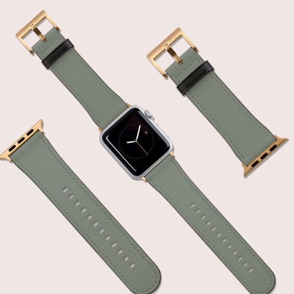 Bracelet de montre uni vert sauge, convient à une Apple Watch, 41 mm 40 mm 38 mm 42 mm 44 mm, bracelet en cuir végétalien, bracelet pour montre connectée en or rose, cadeau