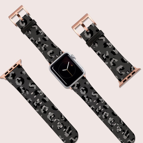 Bracelet de montre léopard imprimé animal noir gris pour Apple Watch, 41 mm 40 mm 38 mm 42 mm 44 mm, bracelet pour montre connectée en cuir végétalien, bracelet de montre or rose