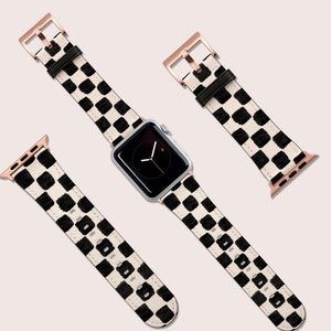 Checkered Black Hand Drawn Retro Band, For Apple Watch, 41mm 40mm 38mm 42mm 44mm, Vegan Leather Smartwatch Band, Watch Band Rose Gold, Gift