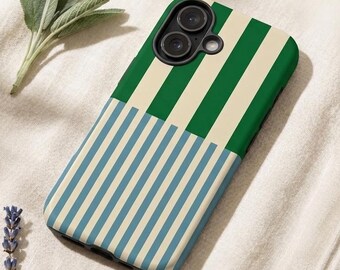 Geometric Vertical Stripe Phone case, Forest Green & Coastal Blue Design for iPhone 17, S26, Pixel