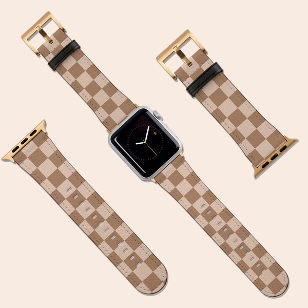 Checkered Beige Brown Retro Watch Band, For Apple Watch, 41mm 40mm 38mm 42mm 44mm, Vegan Leather Smartwatch Band, Watch Band Rose Gold, Gift