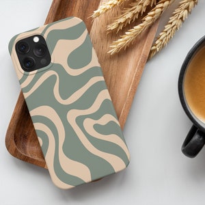 Coque de téléphone verte sauge groovy abstraite ondulée pour iPhone 16 15 14 13 12 • Tous les modèles • Pour S25 S24 S23 S22 S21 S10 S20 • Pour Google Pixel 8 7