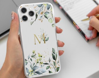 Personalized Name Letter Initials Clear Phone Case For iPhone 15 14 13 & More • For S24 S22 S21 S10 S20 •For Google Pixel • Green Floral
