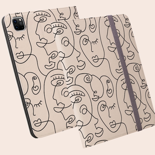 Abstract Faces Beige Line Art Case for iPad Pro 12.9, Case for iPad Pro 11, Folio Cover, For iPad Pro 12 Inch Case, Fits iPad Pro Folding