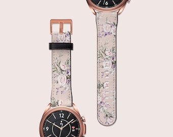 Pink Pastel Roses Floral Watch Band, Fits G3 Watch 6 5 4 3 Strap, Active, Classic, 40mm 41mm 42mm 45mm 46, Vegan Leather, Bronze