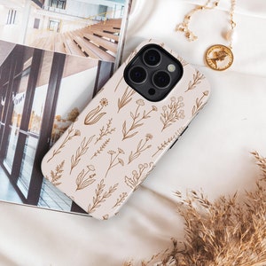 Wildflowers Beige Boho Floral Phone Case for iPhone 16 15 14 13 12 | For S25 S24 S23 S22 S21 A71 | For Google Pixel, Flowers, Brown, Minimal