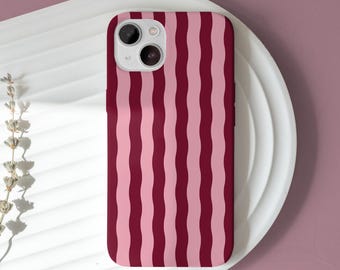 Burgundy Wavy Lines Phone Case, Burgundy and Pink Striped Design For iPhone 17, S26 S25, Google Pixel (more models)