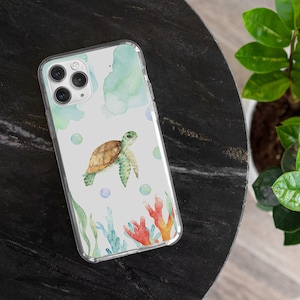 Turtle Blue Sea Watercolor Clear Phone Case For iPhone 15 14 13 12 11 & More • For S24 S22 S21 S10 S20 • For Google Pixel 7 6 5 • Gift