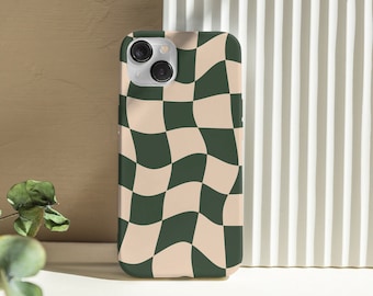 Cover per telefono con motivo a scacchi verde salvia, effetto groovy e ondulato, per iPhone 17, S26, S25, S24 e Google Pixel 10.