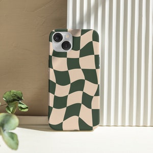 Coque de portable groovy déformée à carreaux vert sauge pour iPhone 16 15 14 13 | Plus de modèles | Pour S25 S24 S23 S22 S21 S20 A71, étui pour Google Pixel