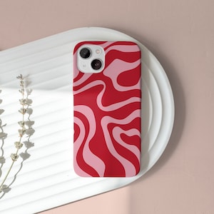 Wavy Abstract Groovy Red Pink Phone Case For iPhone 15 14 13 12 11 All Models For S24 S23 S22 S21 S10 S20 & More For Google Pixel 8 7 画像 1