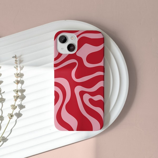 Wavy Abstract Groovy Red Pink Phone Case For iPhone 15 14 13 12 11 • All Models • For S24 S23 S22 S21 S10 S20 & More • For Google Pixel 8 7