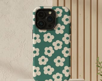 デイジー柄グリーンレトロフローラルスマホケース（iPhone 17/16、S26/S25、Google Pixel 10対応）• 70年代風デザイン