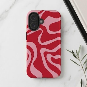 Funda para teléfono con diseño abstracto ondulado y estilo vintage en rojo y rosa para iPhone 17, S26 y Google Pixel 10.