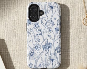 Funda de teléfono con diseño floral azul • Botánico dibujado a mano para iPhone 17, S26, Google Pixel