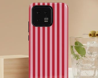 Pink and Red Retro Striped Phone Case For Xiaomi 15, Redmi Note 14, 13, 12, 11