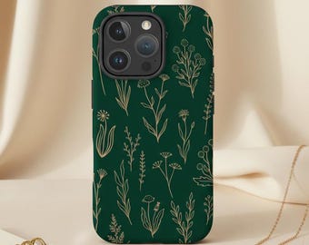 Wildflowers Green Gold Floral Phone Case for iPhone 17 16 15 | For S26 S25 | Google Pixel, Boho Minimal Nature-Inspired Protection
