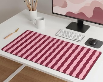 Pink Burgundy Wavy Lines Desk Mat, Blue Large Non-slip Mouse Pad, Office Desk Accessories