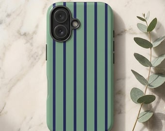 Classic Green Blue Pinstripe Pattern Phone Case For iPhone 17, S26, Google Pixel