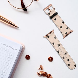 Hearts Hand Drawn Love Aesthetic Watch Band, For Apple Watch, 41mm 40mm 38mm 42mm 44mm, Vegan Leather Smartwatch Band, Watch Band Rose Gold image 2