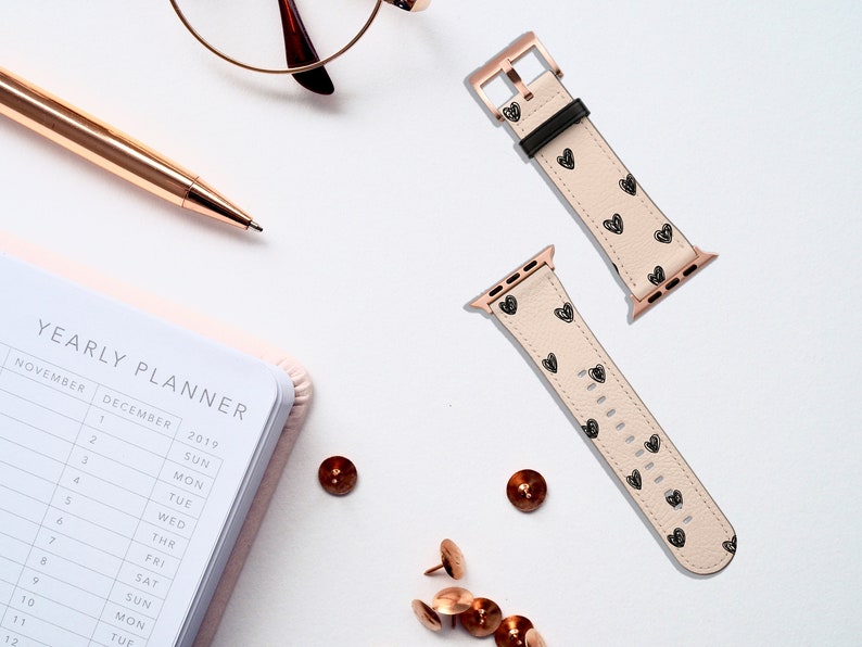 Hearts Hand Drawn Love Aesthetic Watch Band, For Apple Watch, 41mm 40mm 38mm 42mm 44mm, Vegan Leather Smartwatch Band, Watch Band Rose Gold image 2