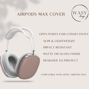 Puede incluir: Auriculares AirPods Max blancos y rosas. La imagen incluye texto que dice "AIRPODS MAX COVER", "OPEN PORTS FOR CONNECTIVITY", "SLIM & LIGHTWEIGHT", "IMPACT RESISTANT", "MATTE OR GLOSS FINISH", "DESIGNED TO PROTECT" y "COMPATIBLE WITH APPLE AIRPODS MAX".
