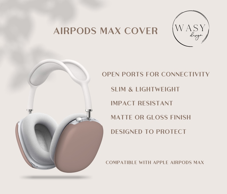 Puede incluir: Auriculares AirPods Max blancos y rosas. La imagen incluye texto que dice "AIRPODS MAX COVER", "OPEN PORTS FOR CONNECTIVITY", "SLIM & LIGHTWEIGHT", "IMPACT RESISTANT", "MATTE OR GLOSS FINISH", "DESIGNED TO PROTECT" y "COMPATIBLE WITH APPLE AIRPODS MAX".