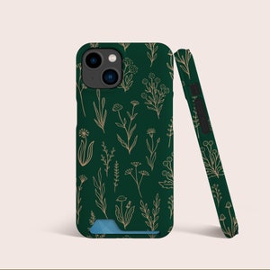 Étui pour cartes à imprimé floral or vert fleurs sauvages, Étui avec fente pour cartes, Étui pour téléphone avec rangement pour cartes, Pour iPhone 16 15 14 13 | Pour S22 S21, fleurs