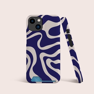 Estuche para tarjetas de teléfono azul marino con diseño abstracto ondulado y moderno, estuche para ranuras para tarjetas, estuche para teléfono con almacenamiento de tarjetas para iPhone 16, 15, 14, 13, para S22, S21 Ultra Plus y más
