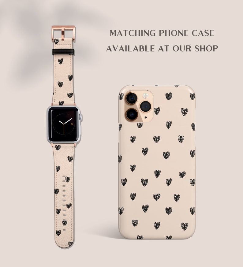 Hearts Hand Drawn Love Aesthetic Watch Band, For Apple Watch, 41mm 40mm 38mm 42mm 44mm, Vegan Leather Smartwatch Band, Watch Band Rose Gold image 4