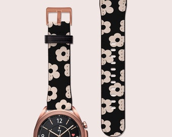 Daisies Black Retro Floral Watch Band, Fits G3 Watch 6 5 4 3 Strap, Active, Classic, 40mm 41mm 42mm 45mm 46, Vegan Leather, Bronze