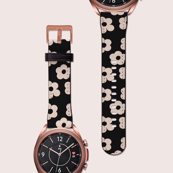 Daisies Black Retro Floral Uhrenarmband, passend für G3 Uhr 6 5 4 3 Strap, Active, Classic, 40mm 41mm 42mm 45mm 46, Veganes Leder, Bronze