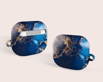 青いマーブル模様 イヤホンケース Airpod用ダークブルーゴールドマーブルパターンケース、Airpod Pro