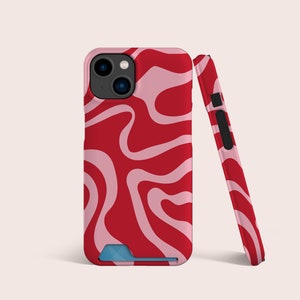 Capa de cartão de telefone rosa vermelha com padrão ondulado abstrato, capa com slot para cartão, capa de telefone com armazenamento de cartão para iPhone 16 15 14 13, para S22 S21 Ultra Plus e mais