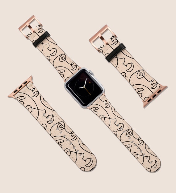 Apple Watch Strap, 40mm 38mm 42mm 44mm, Vegan Leather Watch Band,Abstract Faces Line Art Beige Watch Band, iWatch,Watch Band Rose Gold