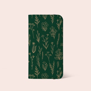 Capa tipo carteira com estampa floral verde e dourada com flores silvestres para iPhone 15 14 13 12 11 X e mais - para S25 S24 S23 S22 S21 S20 S8 S9 Note 20 - Porta-cartões