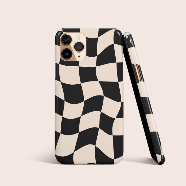 Checkered Plaid Black Beige Groovy Phone Case For iPhone 15 14 13 12 • All Models • For S24 S23 S22 S21 S10 S8 S20 S9 • For Google Pixel