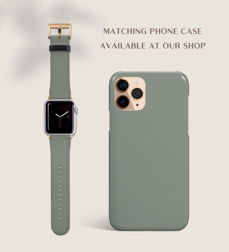 May include: A green phone case with a gold camera lens and a matching green leather watch band with a gold buckle. The text "MATCHING PHONE CASE AVAILABLE AT OUR SHOP" is displayed above the image.
